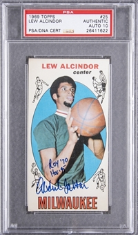 1969 Topps #25 Lew Alcindor/Kareem Abdul-Jabbar Signed and Inscribed Rookie Card – PSA/DNA GEM MT 10 Signature!